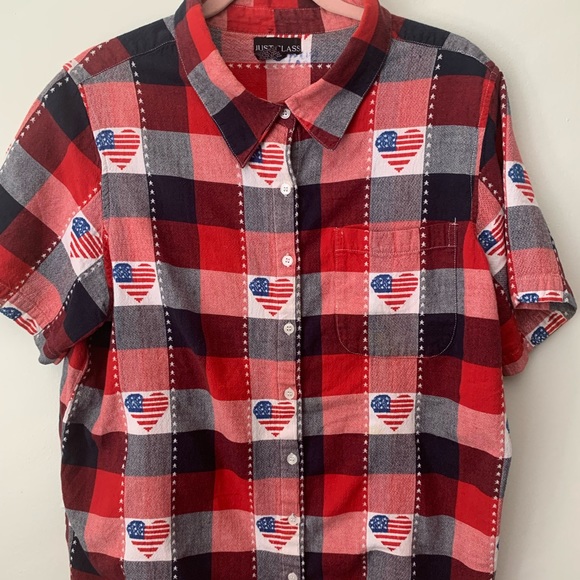 Plaid Patriotic Vintage Heart American Flag Button Down Collar Shirt checkered - Picture 1 of 11